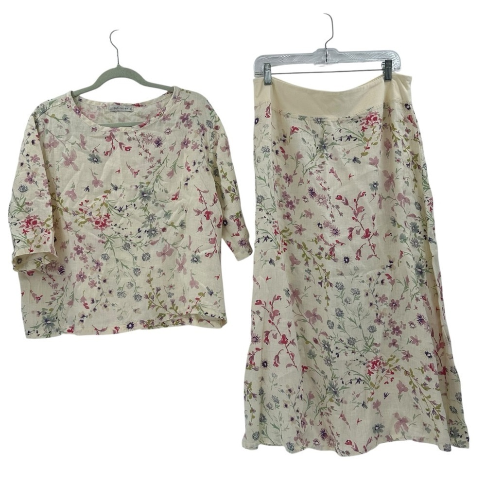 CUT LOOSE Elbow SLV Top Spring Bouquet Lemonade + Skirt XL LAGENLOOK‎ linen boxy